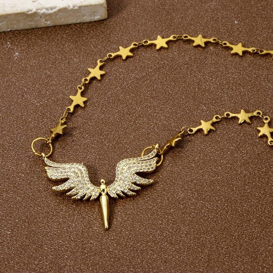 Picture of 1 Piece Eco-friendly Brass Connectors Charms Pendants 18K Real Gold Plated Wing Micro Pave Clear Cubic Zirconia 3.7cm x 3cm