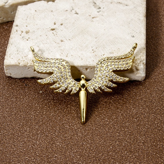 Picture of 1 Piece Eco-friendly Brass Connectors Charms Pendants 18K Real Gold Plated Wing Micro Pave Clear Cubic Zirconia 3.7cm x 3cm