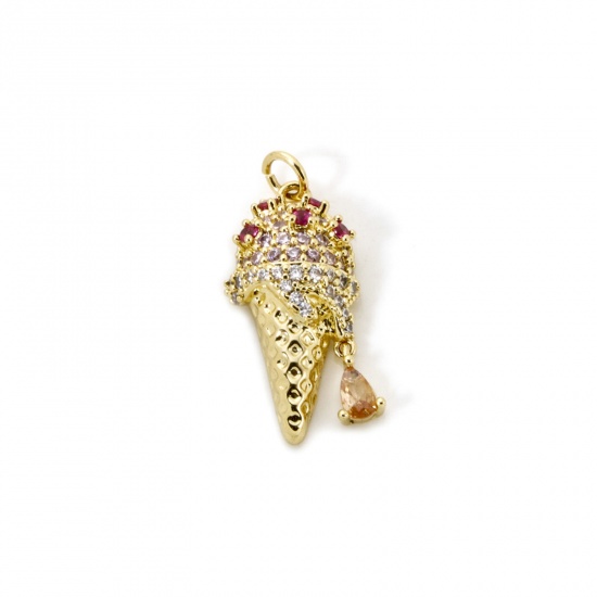 Picture of 1 Piece Eco-friendly Brass Charms 18K Real Gold Plated Ice Cream Micro Pave Multicolour Cubic Zirconia 28mm x 12mm