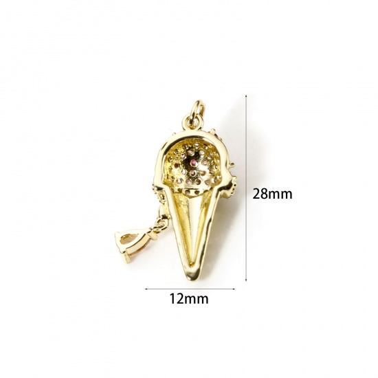 Picture of 1 Piece Eco-friendly Brass Charms 18K Real Gold Plated Ice Cream Micro Pave Multicolour Cubic Zirconia 28mm x 12mm