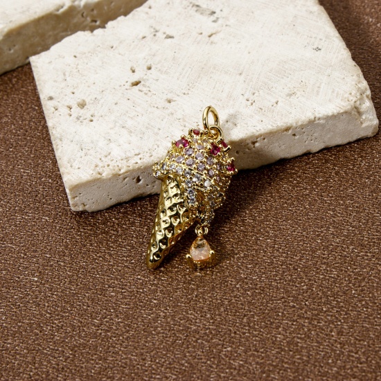 Picture of 1 Piece Eco-friendly Brass Charms 18K Real Gold Plated Ice Cream Micro Pave Multicolour Cubic Zirconia 28mm x 12mm