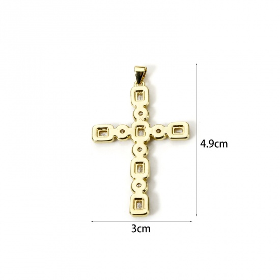 1 個 エコフレンドリー 真鍮 宗教 ペンダント 18Kリアルゴールドメッキ クロス マイクロパヴェ クリア ジルコン 4.9cm x 3cm、 の画像