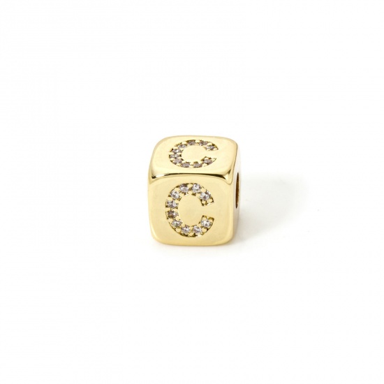 Bild von 1 Stück Umweltfreundlich Messing Perlen zur DIY-Schmuckherstellung 18K Echtgold plattiert Würfel Anfangsbuchstabe/ Großbuchstabe Message " C " Micro Pave Klar Zirkonia 9mm x 9mm, Loch: ca. 3.5mm