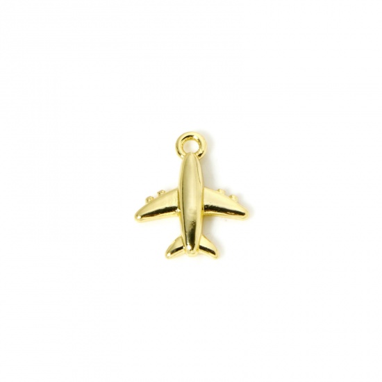 Image de 2 Pcs Breloques Voyage en Laiton Plaqué Or 18K Avion 3D 12mm x 10mm
