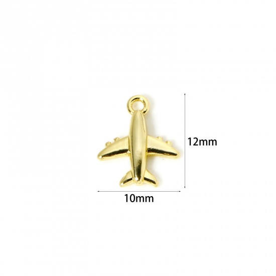 Image de 2 Pcs Breloques Voyage en Laiton Plaqué Or 18K Avion 3D 12mm x 10mm