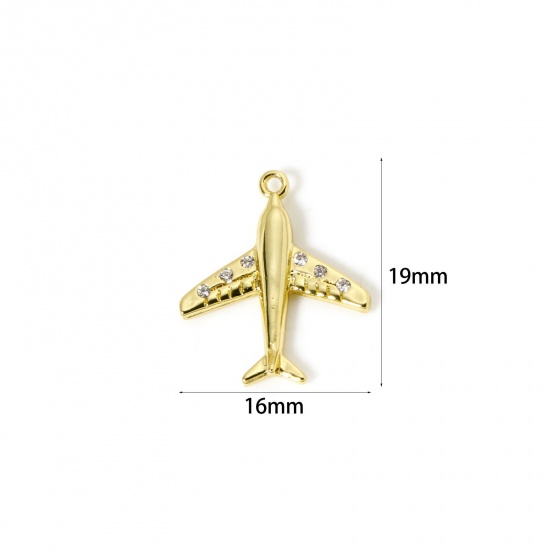 Image de 2 Pcs Breloques Voyage en Laiton Plaqué Or 18K Avion Micro Pave à Zircone Cubique Clair 19mm x 16mm