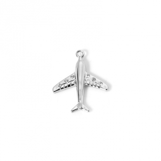 Image de 2 Pcs Breloques Voyage en Laiton Plaqué Platine Avion Micro Pave à Zircone Cubique Clair 19mm x 16mm
