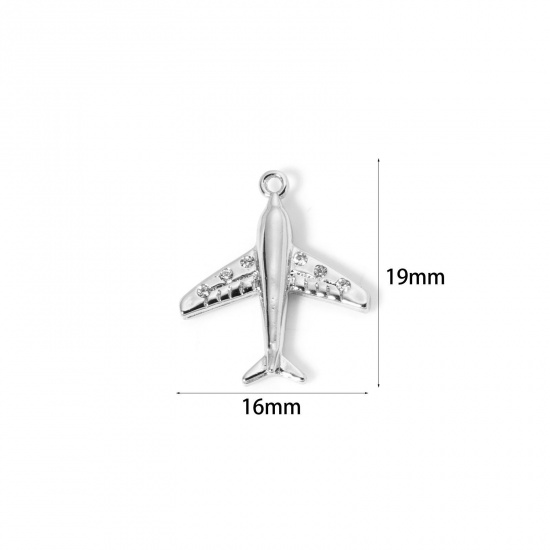 Image de 2 Pcs Breloques Voyage en Laiton Plaqué Platine Avion Micro Pave à Zircone Cubique Clair 19mm x 16mm