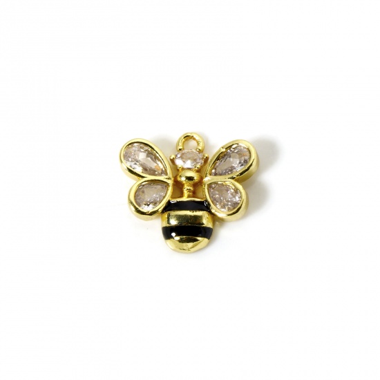 Bild von 1 Stück Messing Insekt Charms 18K Vergoldet Schwarz Emaille Biene Klar Kubischer Zirkon 14mm x 13mm