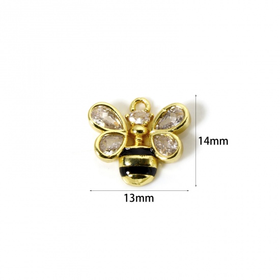 Bild von 1 Stück Messing Insekt Charms 18K Vergoldet Schwarz Emaille Biene Klar Kubischer Zirkon 14mm x 13mm