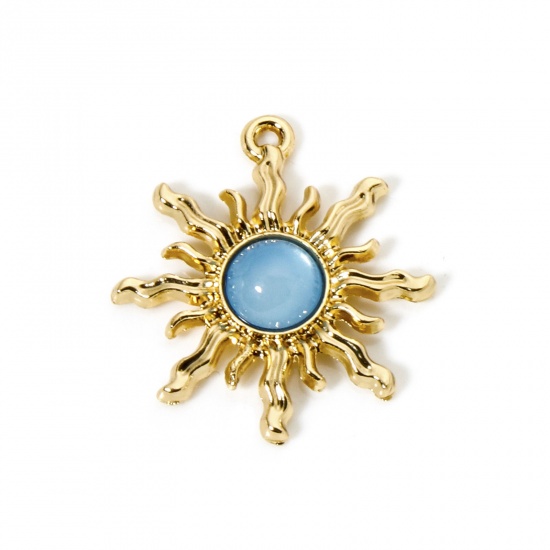 Picture of 10 PCs Zinc Based Alloy Galaxy Charms KC Gold Plated Blue Sun With Resin Cabochons 29mm x 27mm
