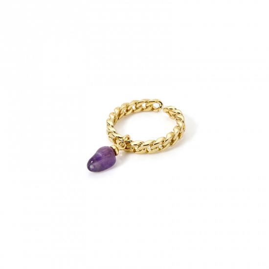 Picture of 1 Piece Eco-friendly Retro Simple 18K Real Gold Plated Purple Brass & Amethyst Open Chip Beads Rings For Women 17.3mm(US Size 7)