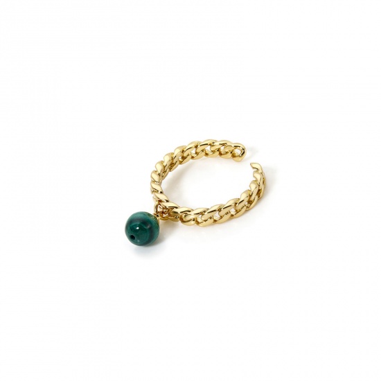 Picture of 1 Piece Eco-friendly Retro Simple 18K Real Gold Plated Green Brass & Malachite Open Chip Beads Rings For Women 17.3mm(US Size 7)