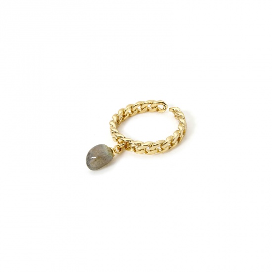 Picture of 1 Piece Eco-friendly Retro Simple 18K Real Gold Plated Gray Brass & Gemstone Open Chip Beads Rings For Women 17.3mm(US Size 7)