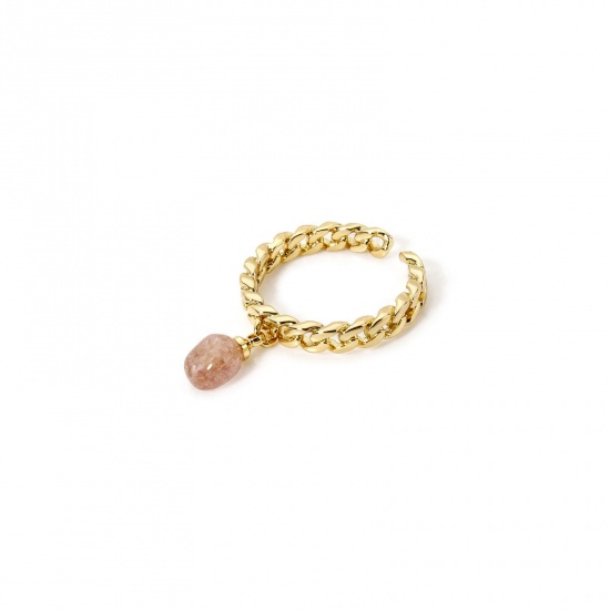 Picture of 1 Piece Eco-friendly Retro Simple 18K Real Gold Plated Light Pink Brass & Strawberry Quartz Open Chip Beads Rings For Women 17.3mm(US Size 7)