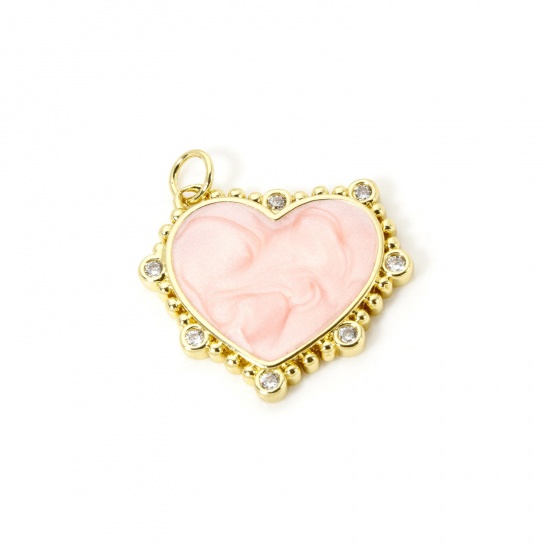Imagen de 1 Unidad Respetuoso del Medio Ambiente Latón día de San Valentín Colgantes 18K Oro Real Chapado Beige como melocotón Esmalte Corazón Claro Circón Artificial 24mm x 24mm