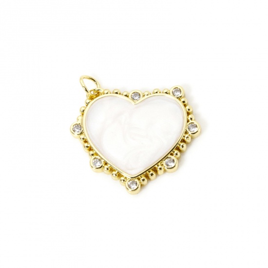 Imagen de 1 Unidad Respetuoso del Medio Ambiente Latón día de San Valentín Colgantes 18K Oro Real Chapado Blanco Esmalte Corazón Claro Circón Artificial 24mm x 24mm