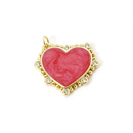 Imagen de 1 Unidad Respetuoso del Medio Ambiente Latón día de San Valentín Colgantes 18K Oro Real Chapado Rojo Esmalte Corazón Claro Circón Artificial 24mm x 24mm