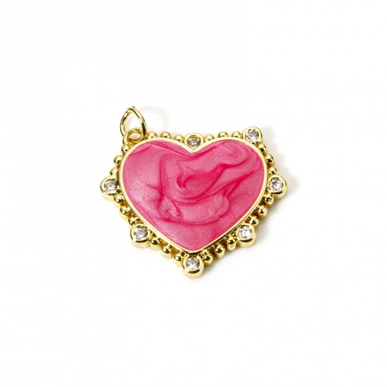 Imagen de 1 Unidad Respetuoso del Medio Ambiente Latón día de San Valentín Colgantes 18K Oro Real Chapado Fucsia Esmalte Corazón Claro Circón Artificial 24mm x 24mm