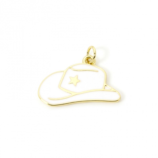 Picture of 1 Piece Eco-friendly Brass West Cowboy Charms 18K Real Gold Plated White Enamel Hat 22mm x 18mm