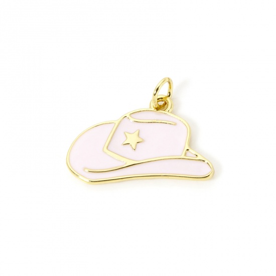 Picture of 1 Piece Eco-friendly Brass West Cowboy Charms 18K Real Gold Plated Pink Enamel Hat 22mm x 18mm