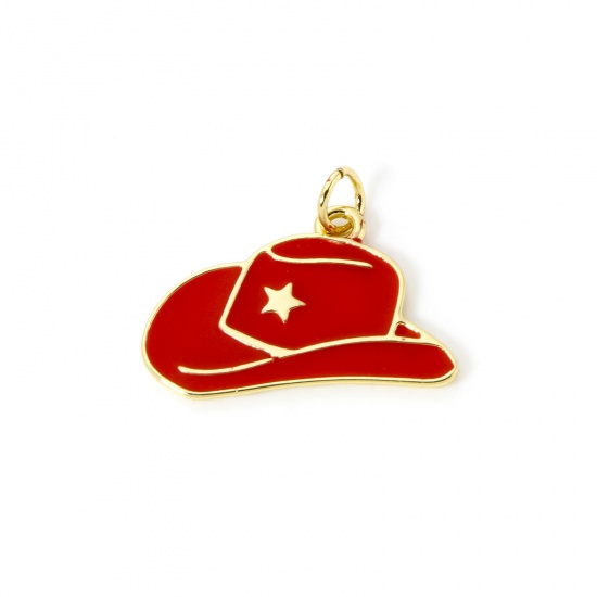 Picture of 1 Piece Eco-friendly Brass West Cowboy Charms 18K Real Gold Plated Red Enamel Hat 22mm x 18mm