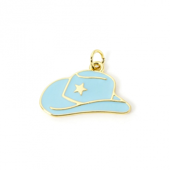 Picture of 1 Piece Eco-friendly Brass West Cowboy Charms 18K Real Gold Plated Blue Enamel Hat 22mm x 18mm