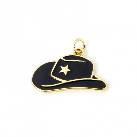 Picture of 1 Piece Eco-friendly Brass West Cowboy Charms 18K Real Gold Plated Black Enamel Hat 22mm x 18mm