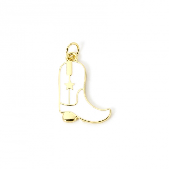 Picture of 1 Piece Eco-friendly Brass West Cowboy Charms 18K Real Gold Plated White Enamel Boots 26mm x 15mm