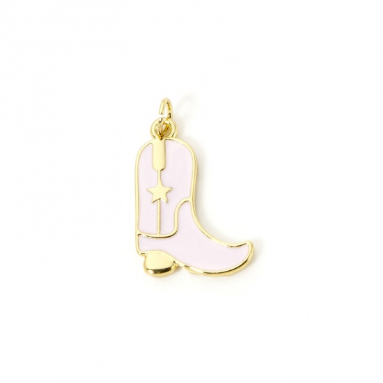 Picture of 1 Piece Eco-friendly Brass West Cowboy Charms 18K Real Gold Plated Pink Enamel Boots 26mm x 15mm