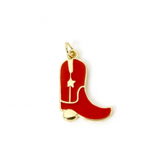 Picture of 1 Piece Eco-friendly Brass West Cowboy Charms 18K Real Gold Plated Red Enamel Boots 26mm x 15mm