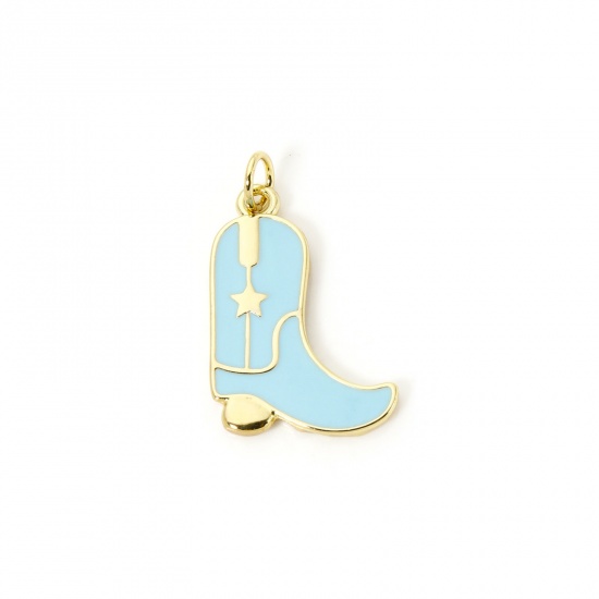 Picture of 1 Piece Eco-friendly Brass West Cowboy Charms 18K Real Gold Plated Blue Enamel Boots 26mm x 15mm