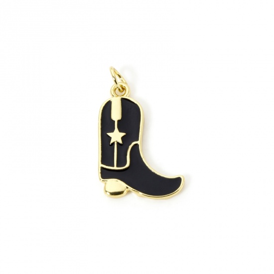 Picture of 1 Piece Eco-friendly Brass West Cowboy Charms 18K Real Gold Plated Black Enamel Boots 26mm x 15mm