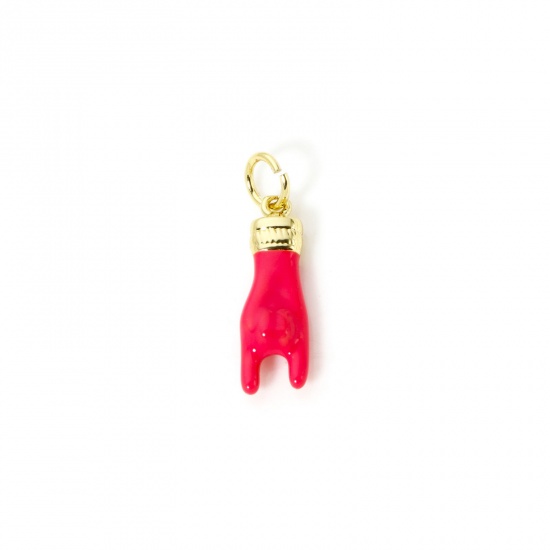 Image de 1 Pièce Breloques Respectueux de la Nature en Laiton Plaqué Or Véritable 18K Fuchsia Émail Geste Signe de Rock 'n' Roll 21mm x 6mm
