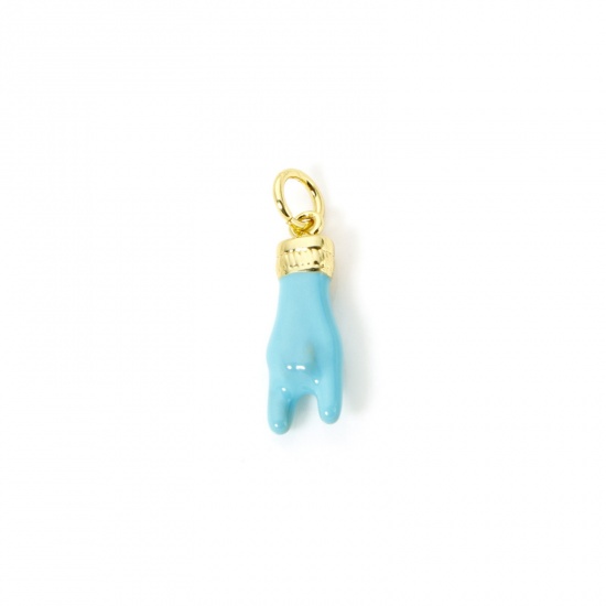 Image de 1 Pièce Breloques Respectueux de la Nature en Laiton Plaqué Or Véritable 18K Bleu Émail Geste Signe de Rock 'n' Roll 21mm x 6mm