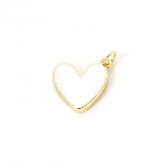 Image de 2 Pcs Breloques La Saint Valentin Respectueux de la Nature en Laiton Plaqué Or Véritable 18K Blanc Émail Cœur 20mm x 16mm