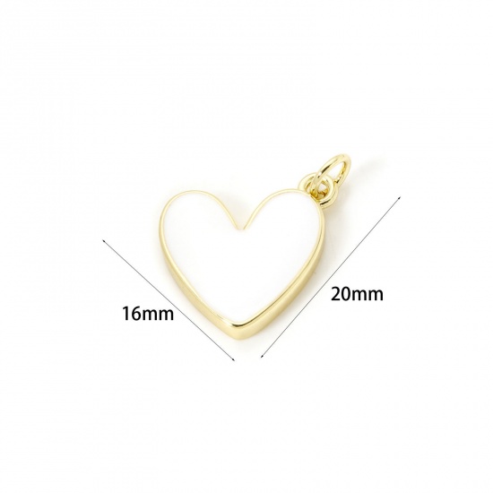 Image de 2 Pcs Breloques La Saint Valentin Respectueux de la Nature en Laiton Plaqué Or Véritable 18K Blanc Émail Cœur 20mm x 16mm