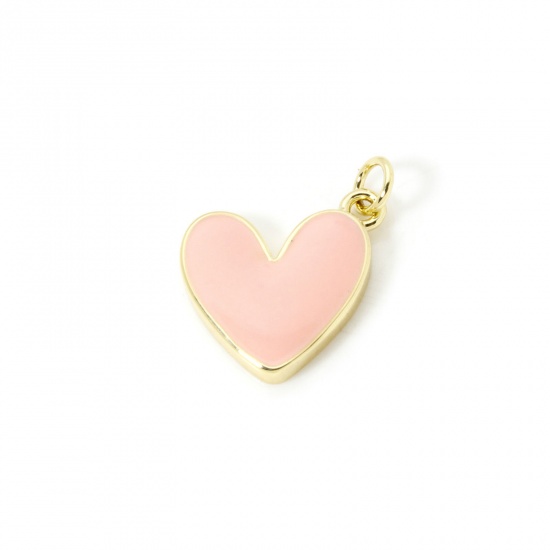 Image de 2 Pcs Breloques La Saint Valentin Respectueux de la Nature en Laiton Plaqué Or Véritable 18K Couleur Pêche Émail Cœur 20mm x 16mm