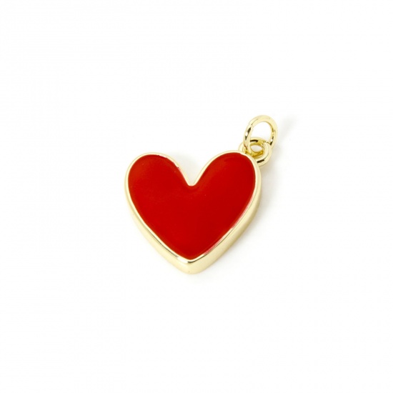 Image de 2 Pcs Breloques La Saint Valentin Respectueux de la Nature en Laiton Plaqué Or Véritable 18K Rouge Émail Cœur 20mm x 16mm