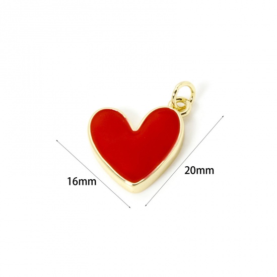 Image de 2 Pcs Breloques La Saint Valentin Respectueux de la Nature en Laiton Plaqué Or Véritable 18K Rouge Émail Cœur 20mm x 16mm