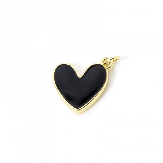 Image de 2 Pcs Breloques La Saint Valentin Respectueux de la Nature en Laiton Plaqué Or Véritable 18K Noir Émail Cœur 20mm x 16mm