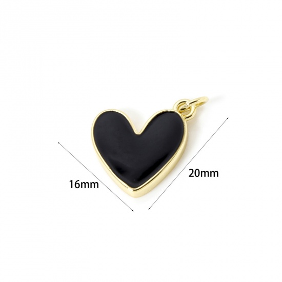 Image de 2 Pcs Breloques La Saint Valentin Respectueux de la Nature en Laiton Plaqué Or Véritable 18K Noir Émail Cœur 20mm x 16mm