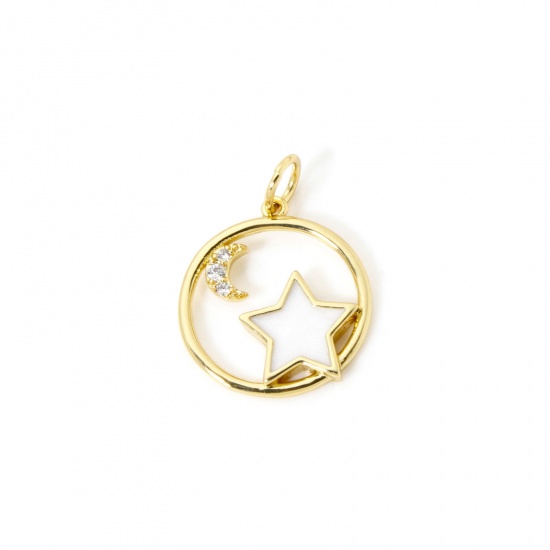 Imagen de 2 Unidades Respetuoso del Medio Ambiente Latón Galaxia Colgantes 18K Oro Real Chapado Blanco Esmalte Ronda Estrella Claro Circón Artificial 19mm x 14mm