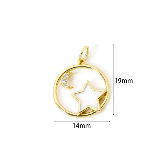 Imagen de 2 Unidades Respetuoso del Medio Ambiente Latón Galaxia Colgantes 18K Oro Real Chapado Blanco Esmalte Ronda Estrella Claro Circón Artificial 19mm x 14mm
