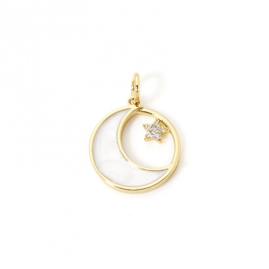 Imagen de 2 Unidades Respetuoso del Medio Ambiente Latón Galaxia Colgantes 18K Oro Real Chapado Blanco Esmalte Ronda Luna Micro Pave Claro Circón Artificial 19mm x 14mm