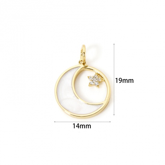 Imagen de 2 Unidades Respetuoso del Medio Ambiente Latón Galaxia Colgantes 18K Oro Real Chapado Blanco Esmalte Ronda Luna Micro Pave Claro Circón Artificial 19mm x 14mm