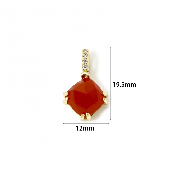 Image de 1 Pièce Breloques Respectueux de la Nature en Laiton & Agate Plaqué Or Véritable 18K Rouge Losange à Zircone Cubique Clair 19.5mm x 12mm