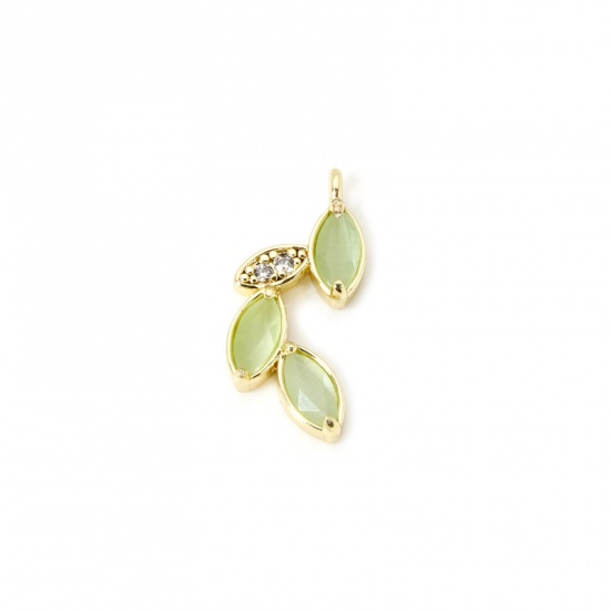 Image de 1 Pièce Breloques Collection Végétale Respectueux de la Nature en Laiton (Plomb et Nickel Inoffensif) & Œil de Chat Plaqué Or Véritable 18K Vert Feuille à Zircone Cubique Clair 20mm x 9mm