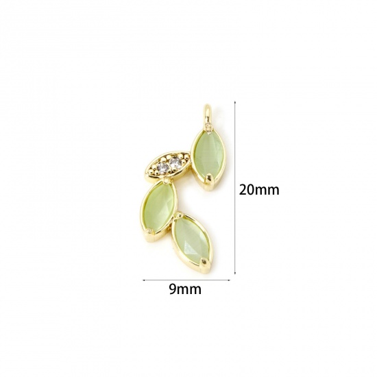 Image de 1 Pièce Breloques Collection Végétale Respectueux de la Nature en Laiton (Plomb et Nickel Inoffensif) & Œil de Chat Plaqué Or Véritable 18K Vert Feuille à Zircone Cubique Clair 20mm x 9mm