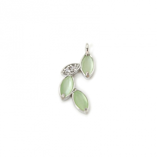 Image de 1 Pièce Breloques Collection Végétale Respectueux de la Nature en Laiton (Plomb et Nickel Inoffensif) & Œil de Chat Plaqué Platine Véritable Vert Feuille à Zircone Cubique Clair 20mm x 9mm